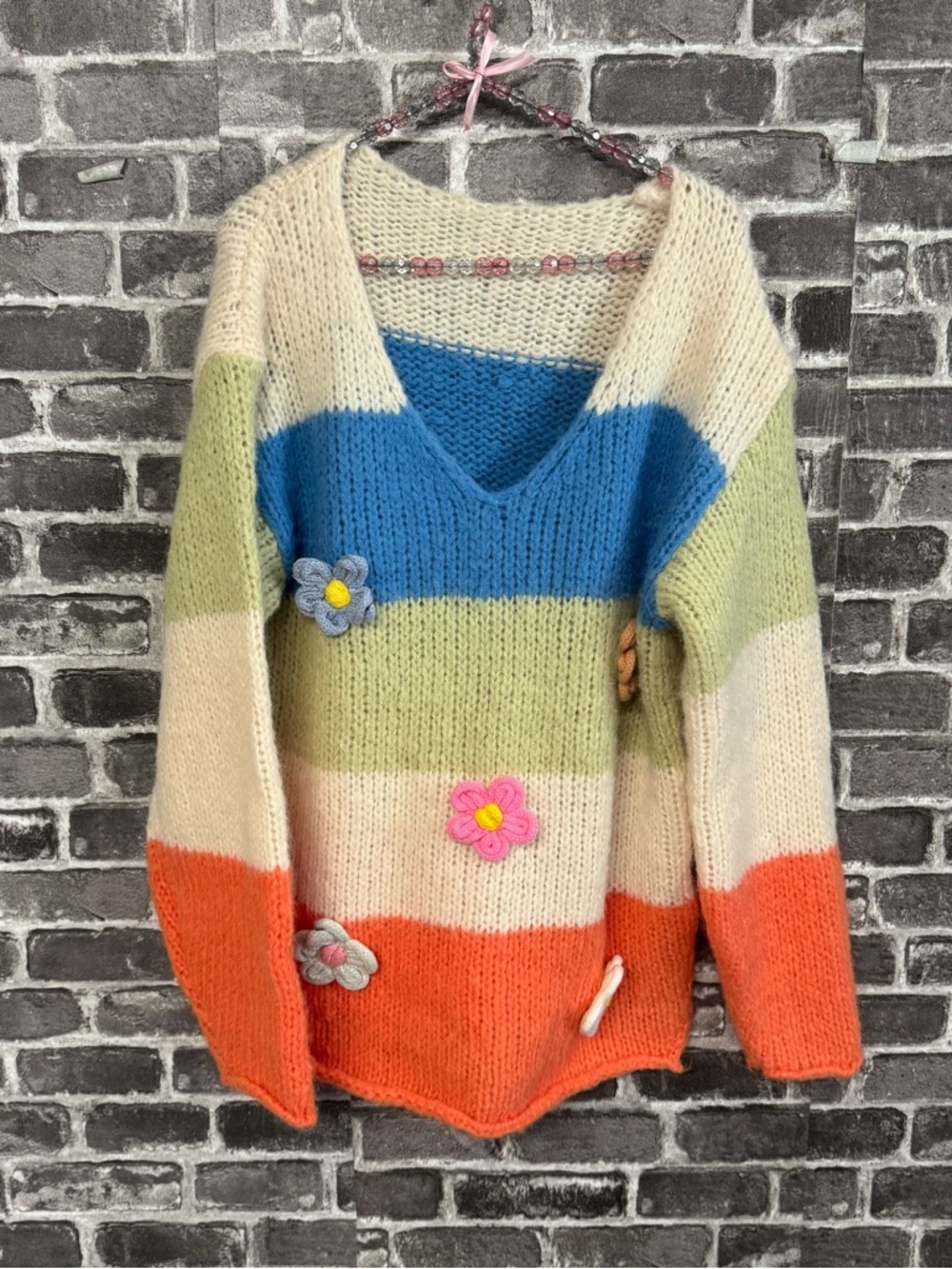 Cider striped sweater acrylic mohair white orange blue flower appliqué